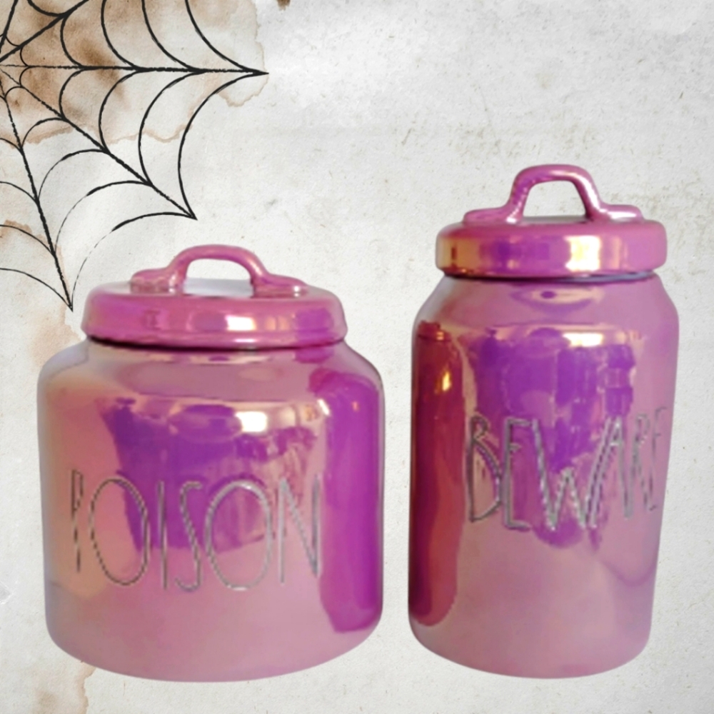 NWT Rae Dunn "POISON" "BEWARE" Halloween Large Iridescent Luster Canisters